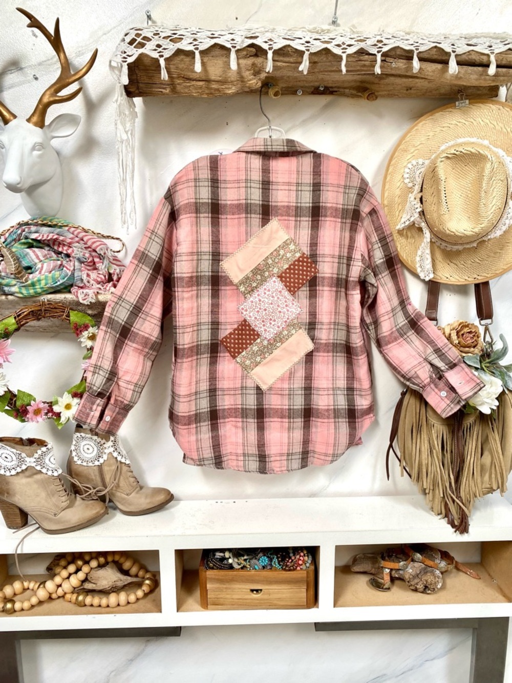 Artisan Patchwork detailing boho summer shirt w southwestern cottagecore vibe